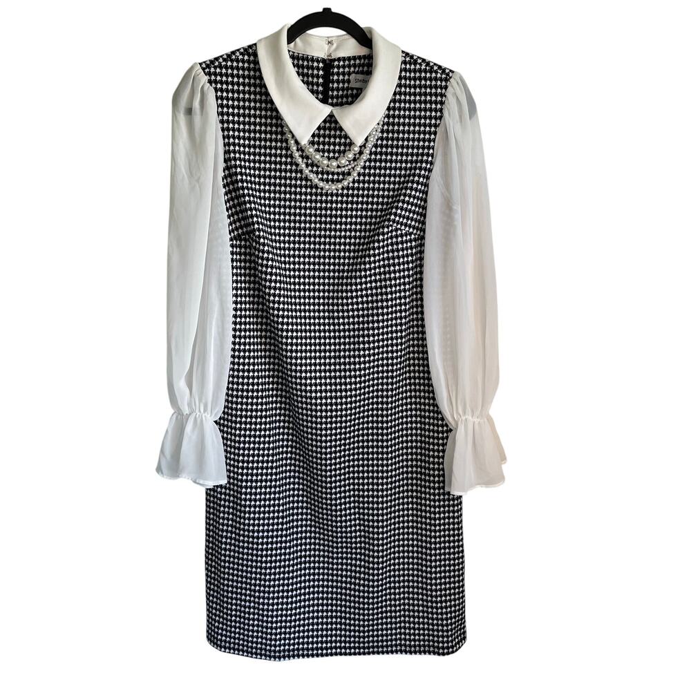 Shelby & Palmer Preppy Dress Houndstooth Sz 12 Bishop Sleeves Collared Retro
